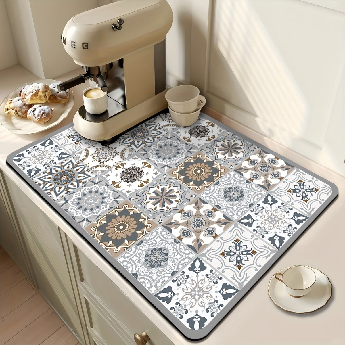 Super Absorbent Polyester Dish Drying Mats for Countertop 1pc Diatomite Quick Drying NonSlip Placemat for Coffee Bar Retro Pattern Kitchen Mat Home Accessories