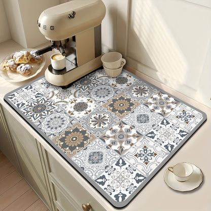 Super Absorbent Polyester Dish Drying Mats for Countertop 1pc Diatomite Quick Drying NonSlip Placemat for Coffee Bar Retro Pattern Kitchen Mat Home Accessories