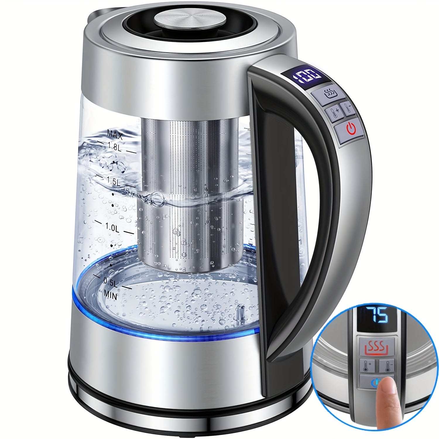 1pc Electric Kettle 18L Electric Glass Kettle 12 Temperature Controls Up To 24 Hours Insulation Tea Kettle Hot Water Pot Stove Stainless Steel Strainer And Inner Lid Glass Kettle For Coffee Tea And Milk Powder