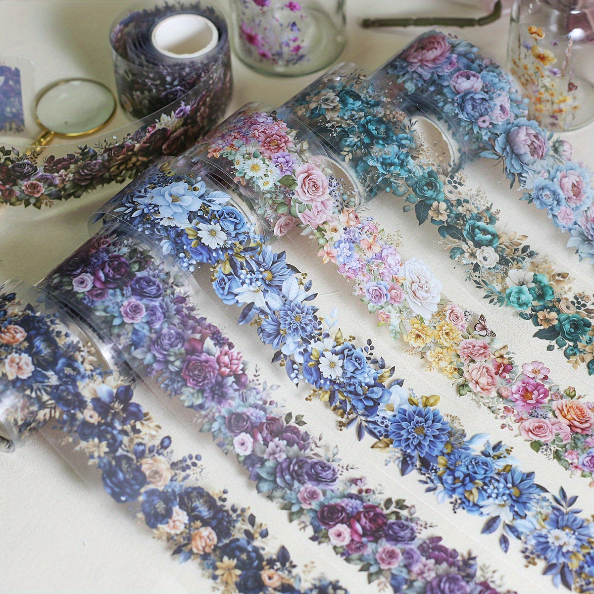 6rolls Transparent PET Tape Stickers Flowers Decorative Tape Stickers Set for Scrapbooking Junk Journal Diary Embelishment Collage Stickers