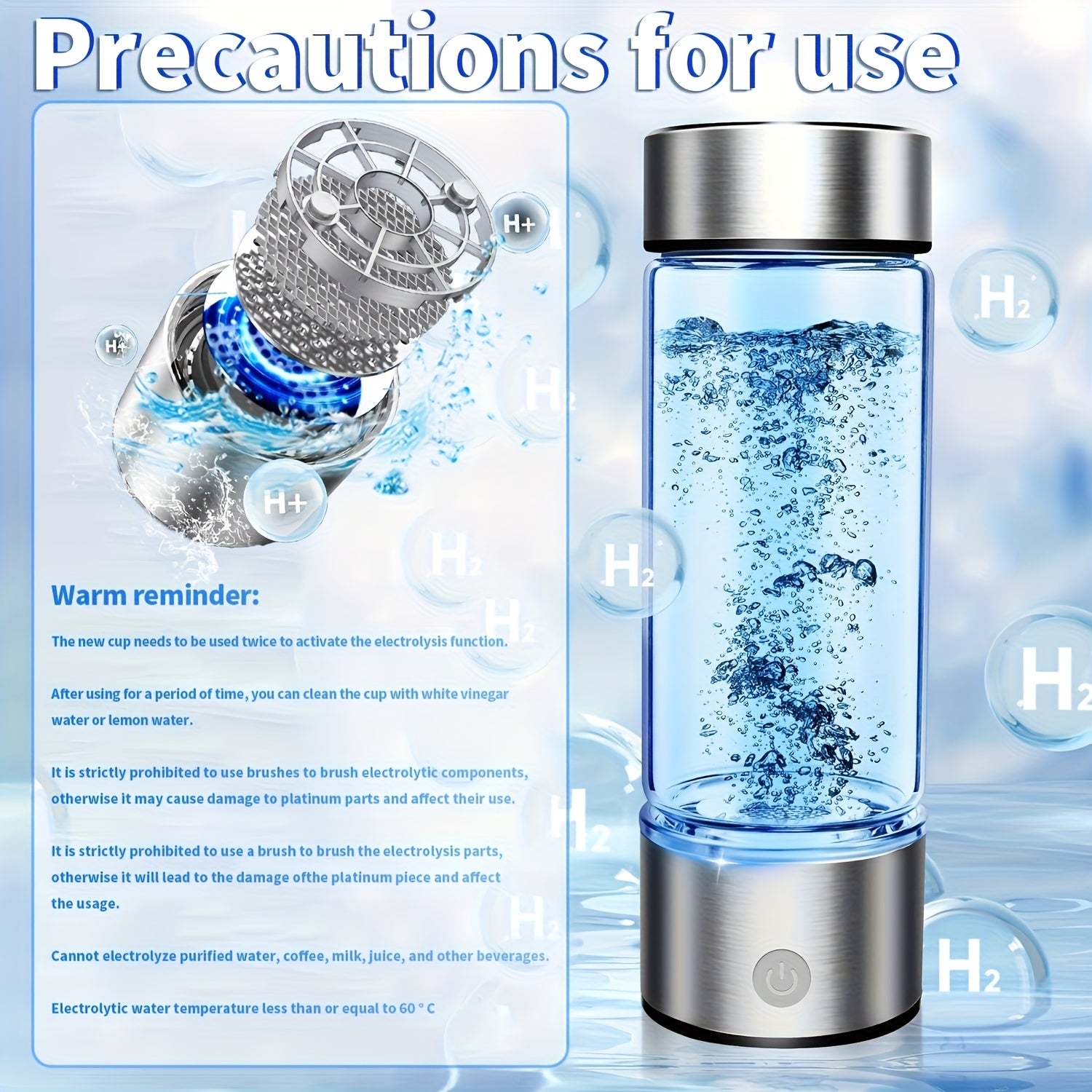 Portable Hydrogen Water Bottle  Round Glass with Button  USB Rechargeable Lithium Battery  Capacity  Ideal for Home Office Outdoor Travel Camping School Fitness  Hand Wash Onl