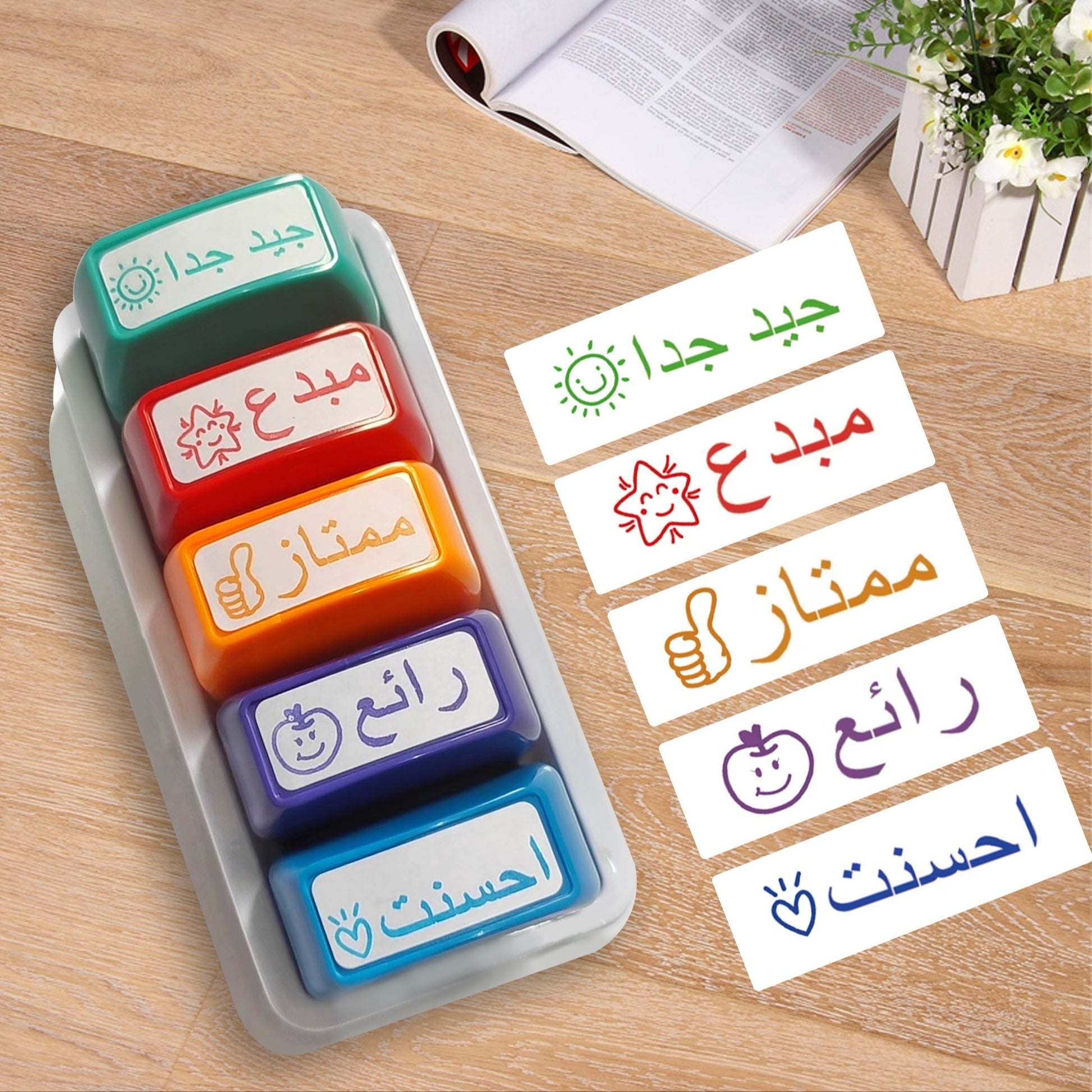 5pcs Colorful Arabic Teacher Stamps Set  Encouragement Classroom Grading Stamps with SelfInking Function Storage Tray Included  Perfect for Grading  Motivation Classroom Teaching AidsVibrant Stamp DesignsDurable Plastic