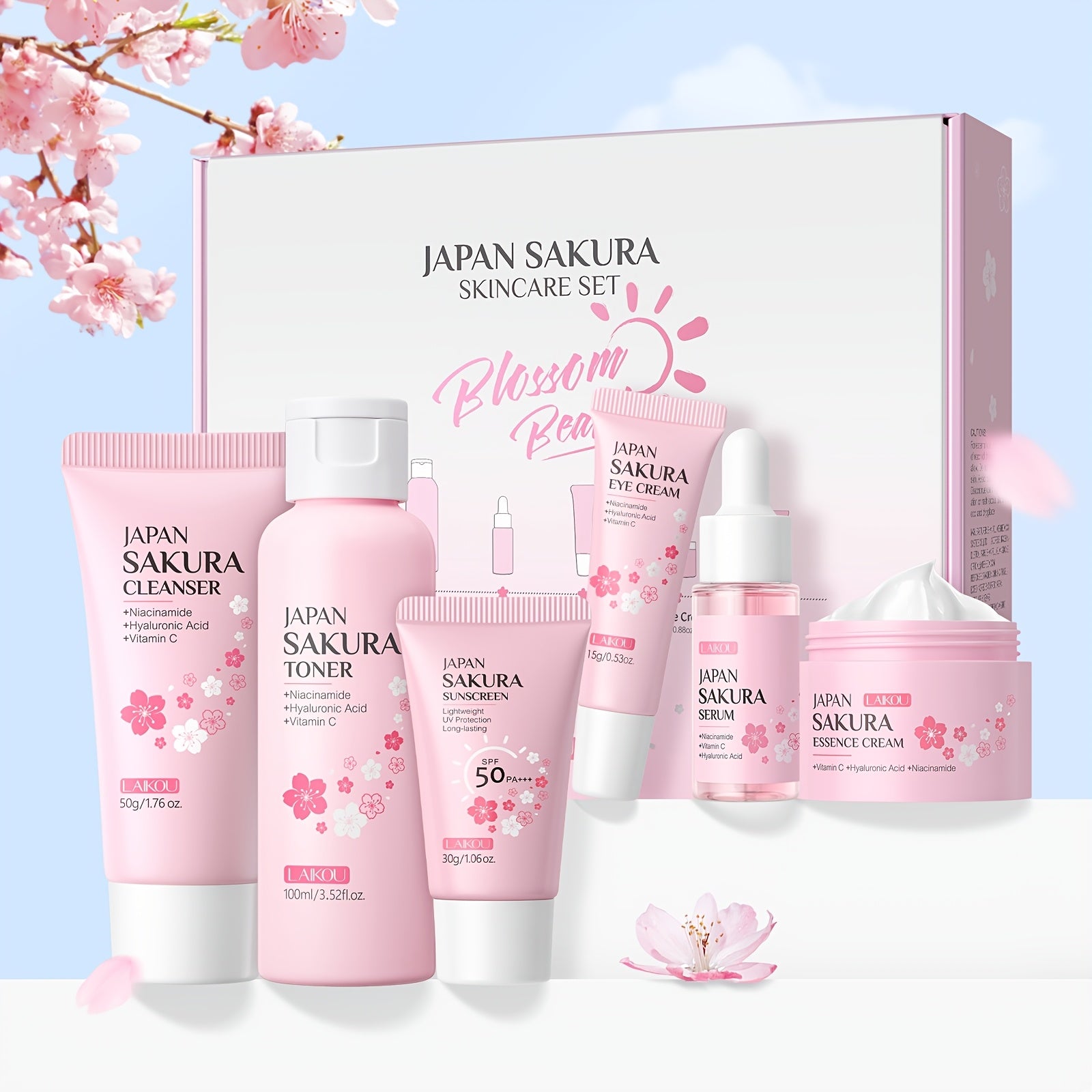 LAIKOU Sakura Skincare 6pcsSet with Serum Cleanser Toner Face Cream Eye Cream Day Night Moisturizer Sun Cream Contain Vitamin C  Niacinamide